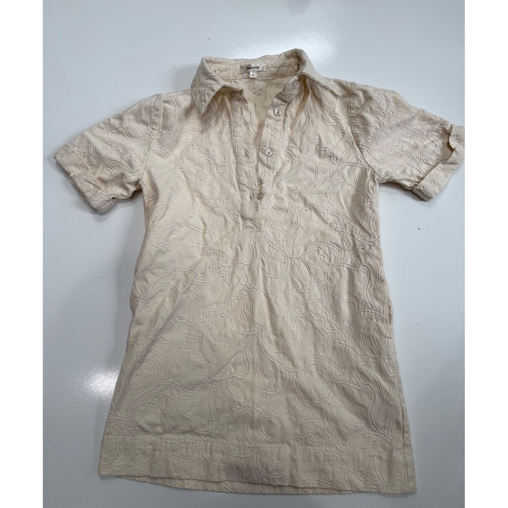 Lalavon Cream Textured Embroidered Polo Mini Dress Short Sleeve Size S